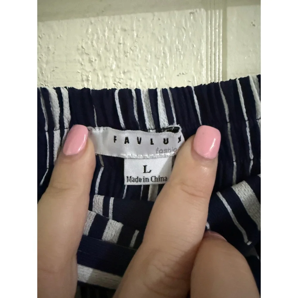 Favlux Fashion Navy White Striped 2 Piece Set Halter Crop Top Wide Leg Pants L